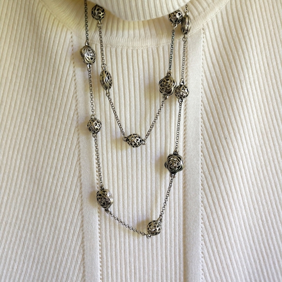 Necklace Silver Long  Statement Chain Bauble Ball Vintage - Picture 3 of 11